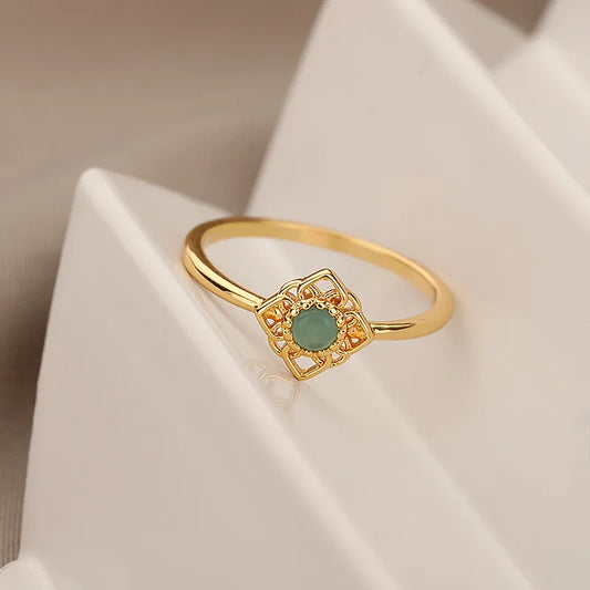 lamar Green Opal Lotus Rings for Women Dainty Rings Stainless Steel Ring