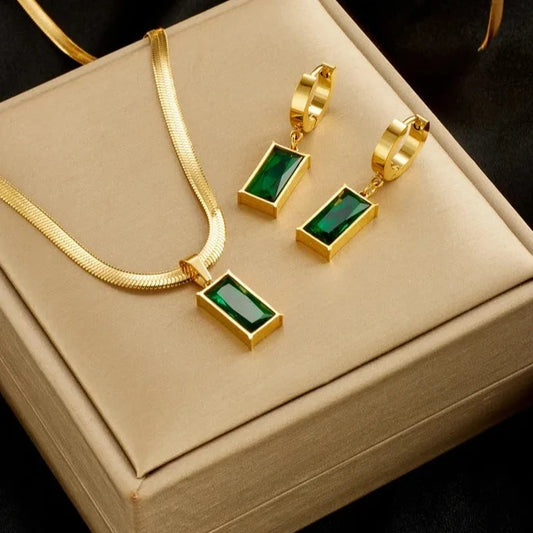 La Stainless Steel Square Green Crystal Zircon Necklace Earrings For Women