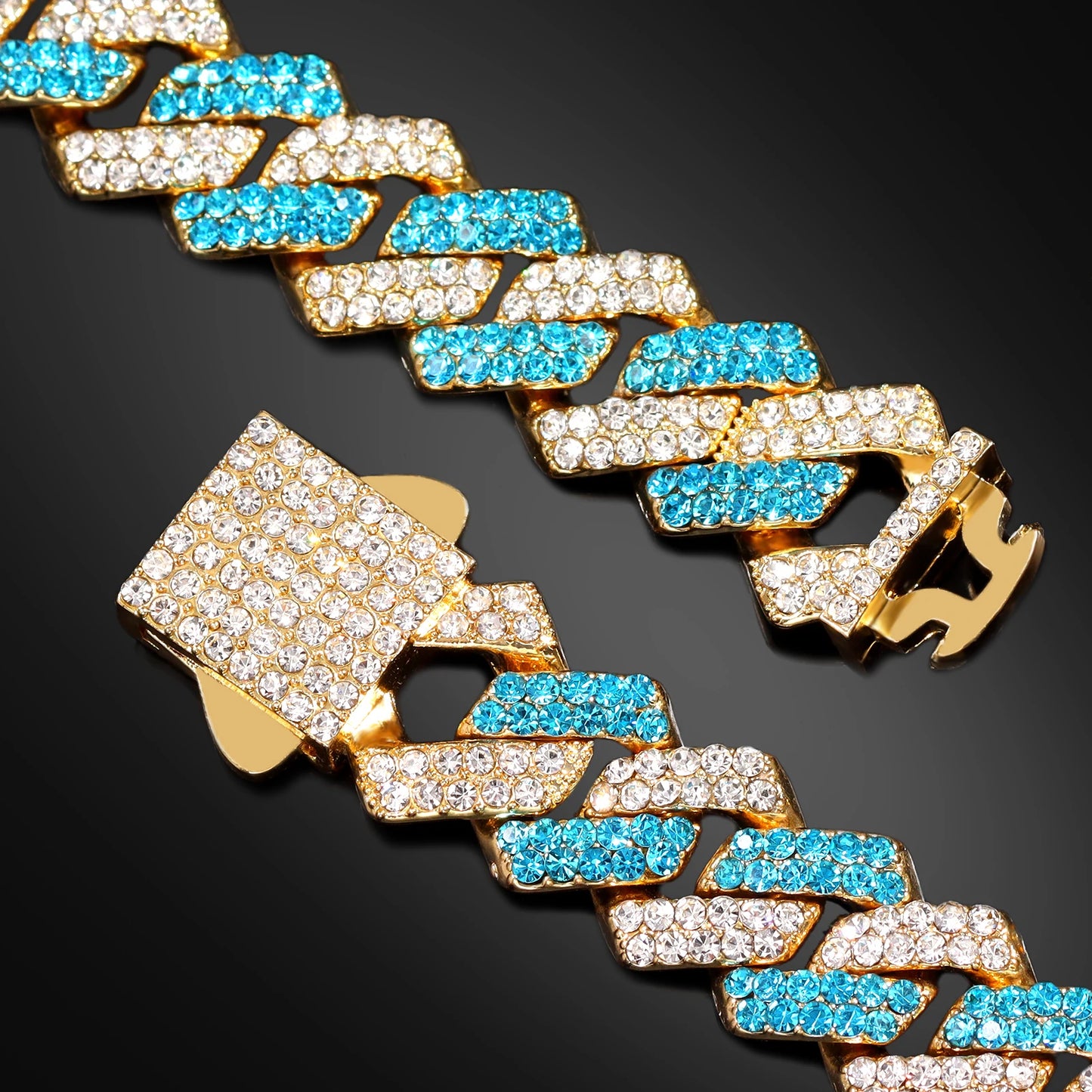 LA 14MM Blue Rhombus Cuban Link Chain Necklace For  Women Bling Spring Clasp Cuban Chain Necklace Bracelet Set Jewelry