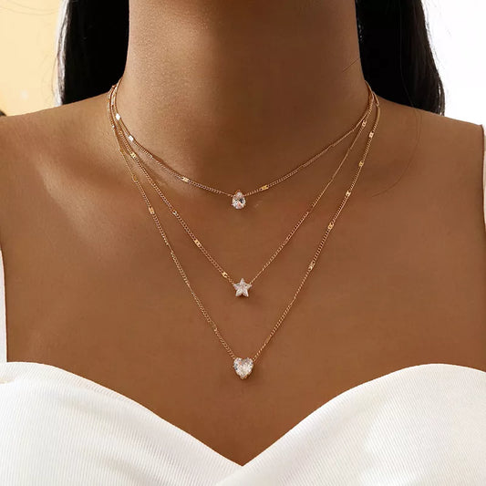LA Crystal Zircon Heart Star Charm Layered Pendant Necklace Set for Women