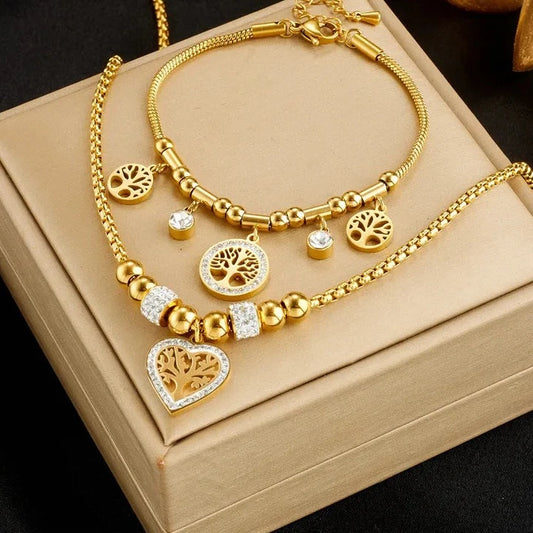 LA Stainless Steel Round Heart Tree Charm Necklace Bracelet For Women