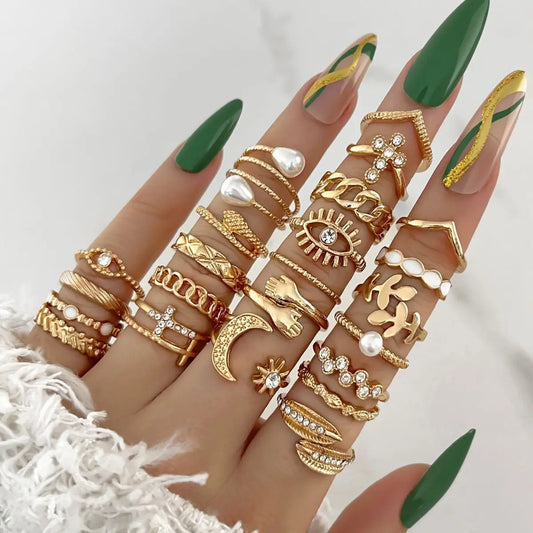 LA  Rings Set For Women Eye Cross Sun And Moon Leaf Charm Finger Ring Female Fashion