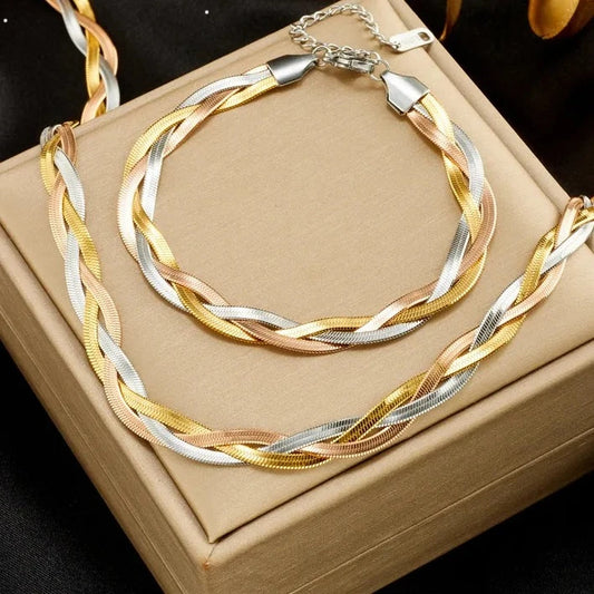 LA Stainless Steel 3in1 Crossover Snake Chain Necklace Bracelets